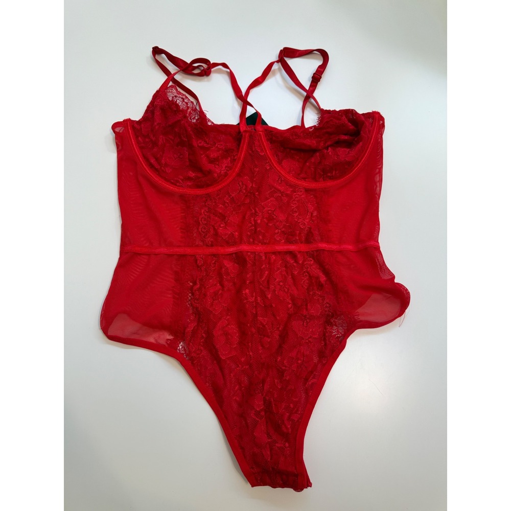 NWT Fashion Nova Red Lace Mesh Underwire Bodysuit Size 1X‎
